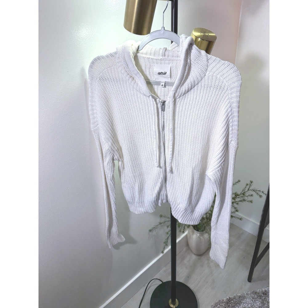 Aerie sweater hoodie xs white metal zipper pockets EUC clean cotton layering‎